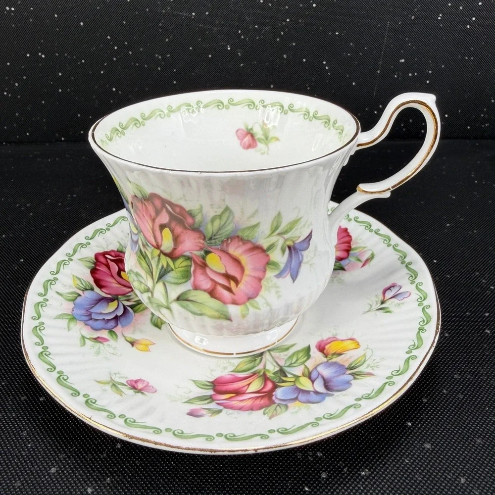 Queen's Special Flowers April Sweet Pea Tea Cup Saucer Set Rosina China England